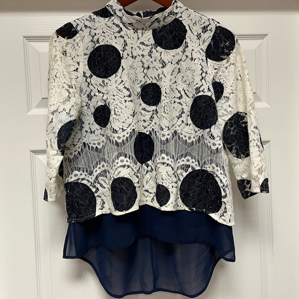 Anthropologie HD in Paris Lace Polka Dot Layered Blouse sz 8 EUC